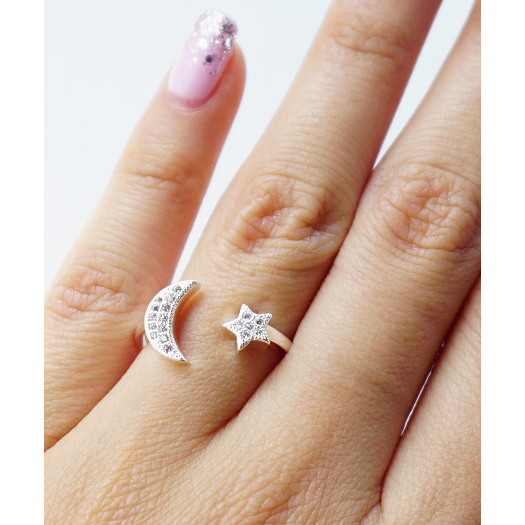 Dainty Crescent Moon Star Ring with Pave Crystals in Matte Gold or Silver Plated Image 3