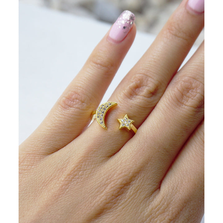 Dainty Crescent Moon Star Ring with Pave Crystals in Matte Gold or Silver Plated Image 4