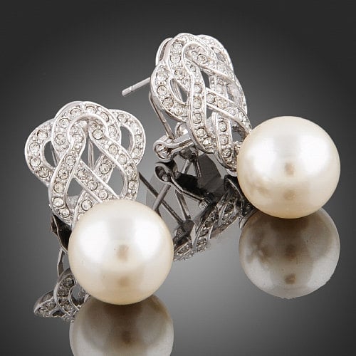 Elegant White Gold Plated Imitation Pearl And Zircon Crystal Earrings Mothers Day Gift Idea Image 3