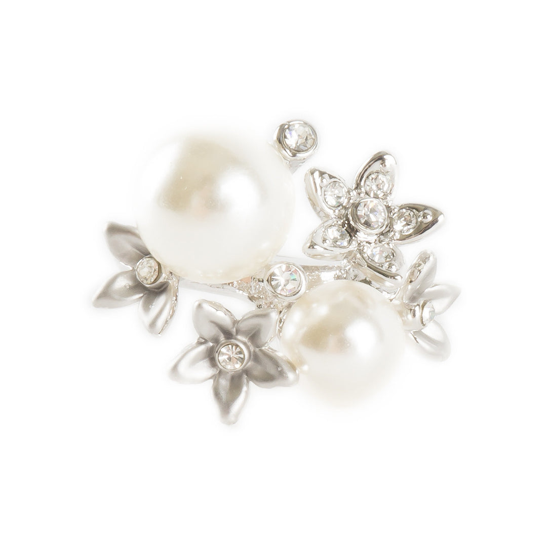 Pearl Bouquet of Silver Tone Flowers Womens Fashion Pave Crystal Ring Image 1