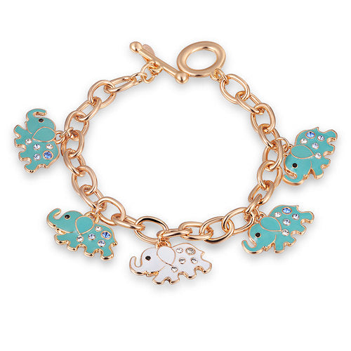 18k Gold Plated Teal Colored Elephant Parade Charm Bracelet With Tiny Crystals And Toggle Image 2