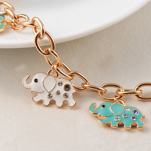 18k Gold Plated Teal Colored Elephant Parade Charm Bracelet With Tiny Crystals And Toggle Image 3