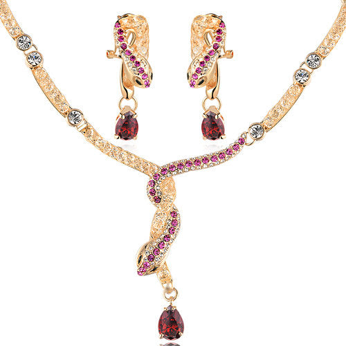 Gold Plated Snake lovers Crystal Earring and Necklace Jewelry Set Image 1