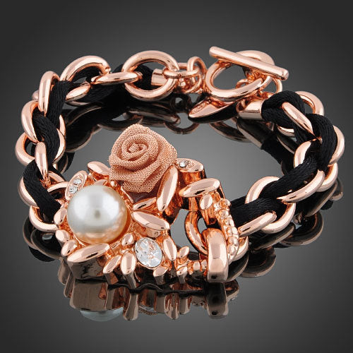 Rose Gold Plated Chainmaille and PU Rope Flower and Pearl Bracelet Image 1