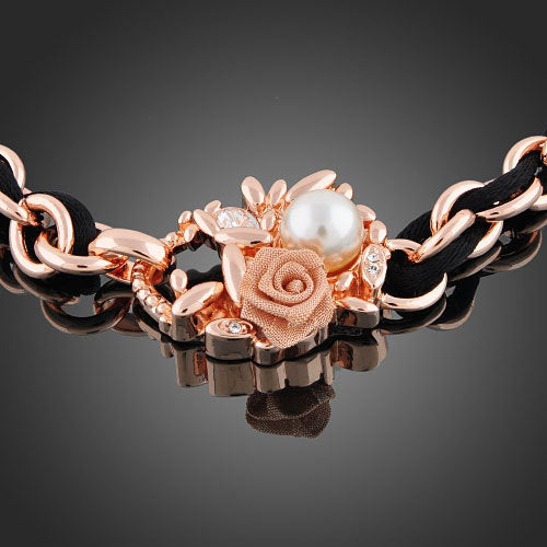 Rose Gold Plated Chainmaille and PU Rope Flower and Pearl Bracelet Image 2