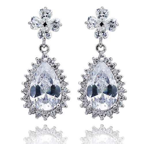 White Gold Plated Pear Shaped Zircon Crystal Dangle and Drop Earrings With Studded Backing Image 1