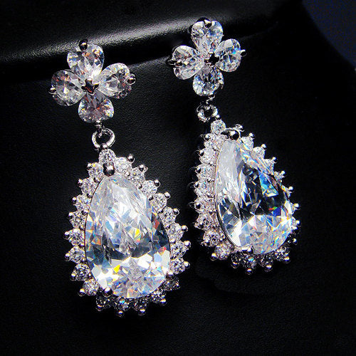 White Gold Plated Pear Shaped Zircon Crystal Dangle and Drop Earrings With Studded Backing Image 2