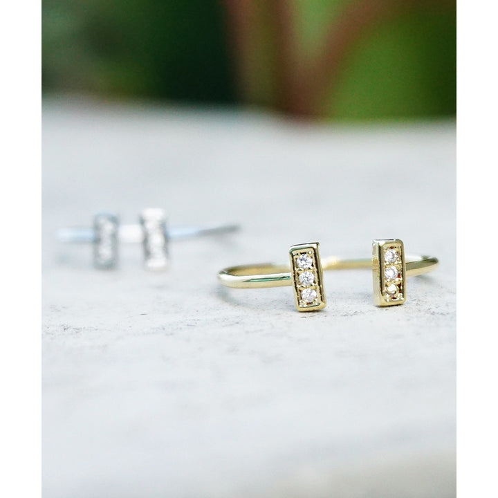 Delicate Dainty Gold or Silver Minimalist Open Bar Crystals Ring Image 3