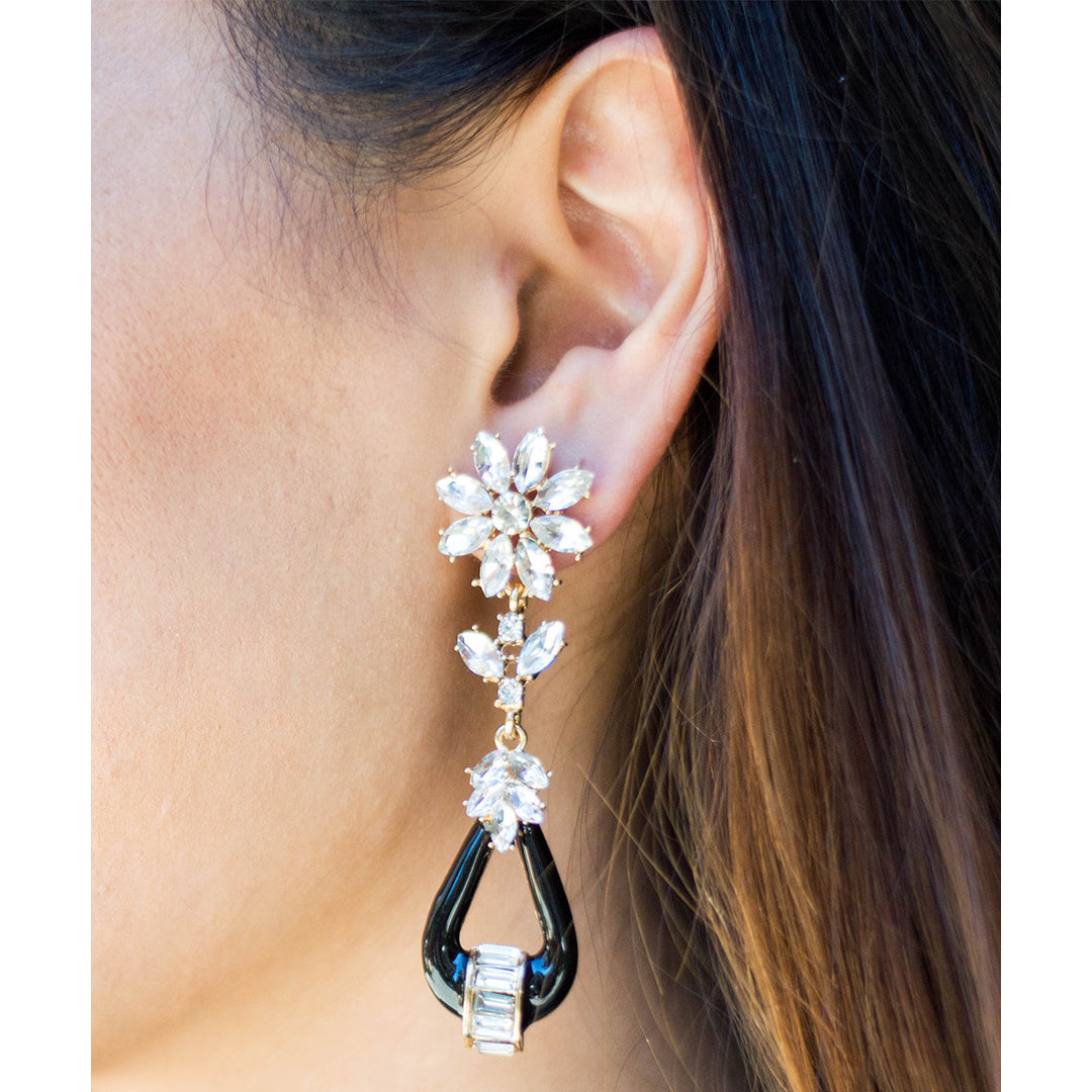 Luxe Glam Flower Drop Black Geometric Enamel Design Dangle Earrings Image 1