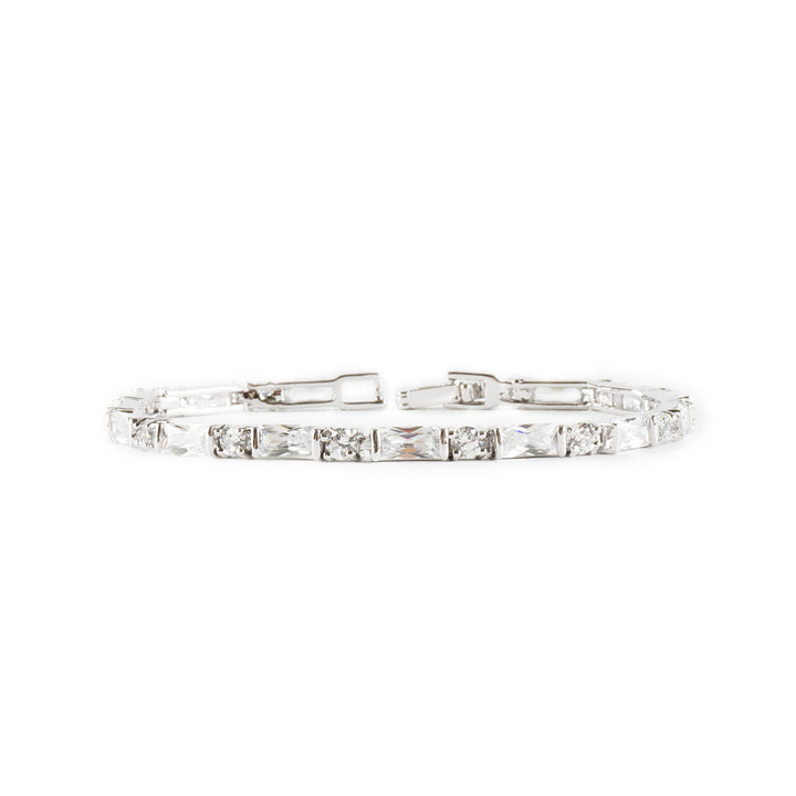 Silver Tone Thin Simple Rectangle Mini Crystals Faux Diamonds Rhinestones Tennis Bracelet Image 4