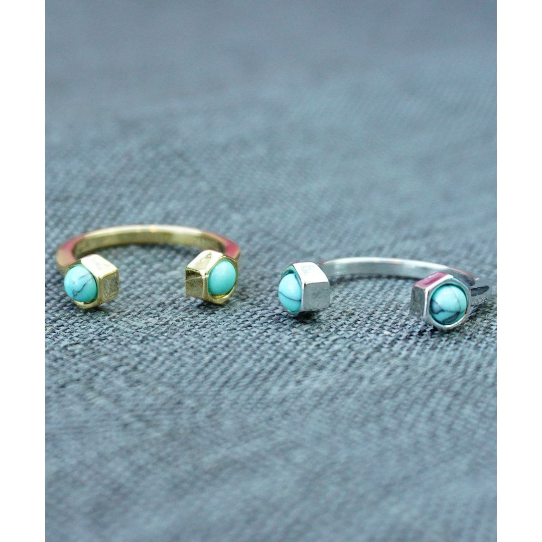 Two Turquoise Stones Open One Size Fits Most Gold or Silver Tone Ring Image 4