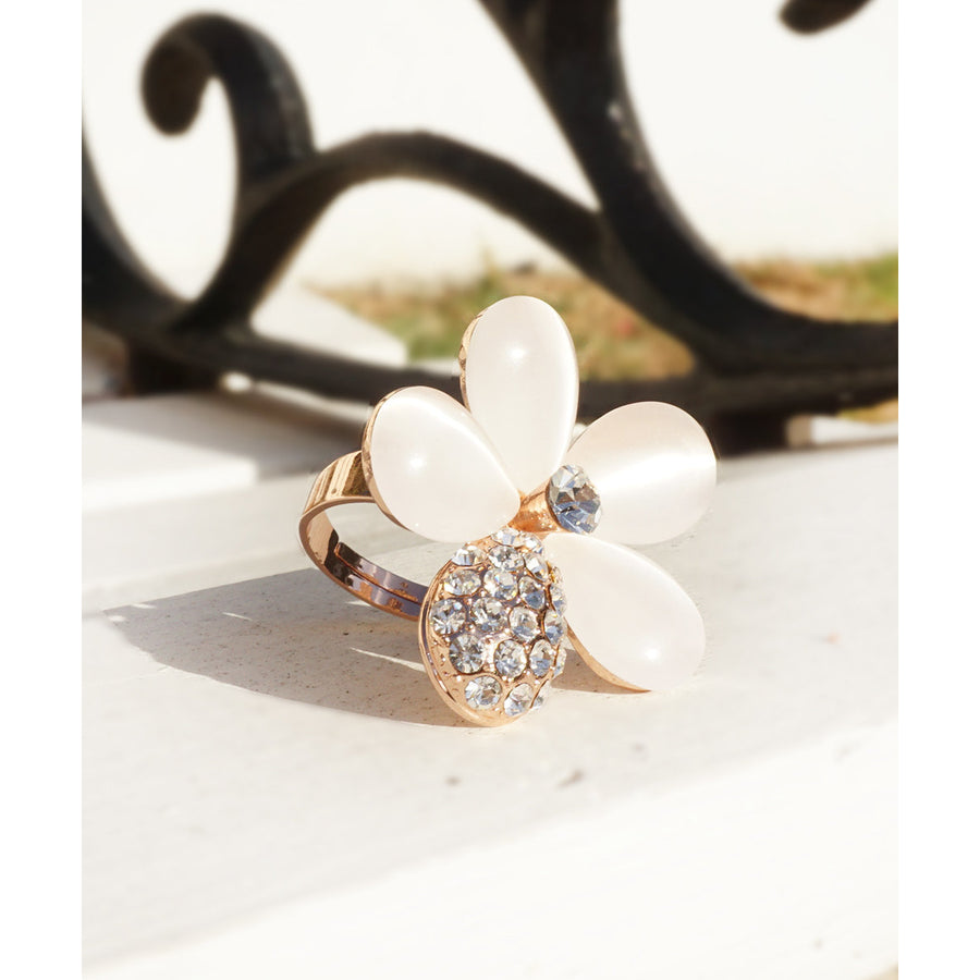 18k Rose Gold Plated Adjustable Flower Ring With White Opalite And Zirconia Crystals Mothers Day Gift Idea Image 1