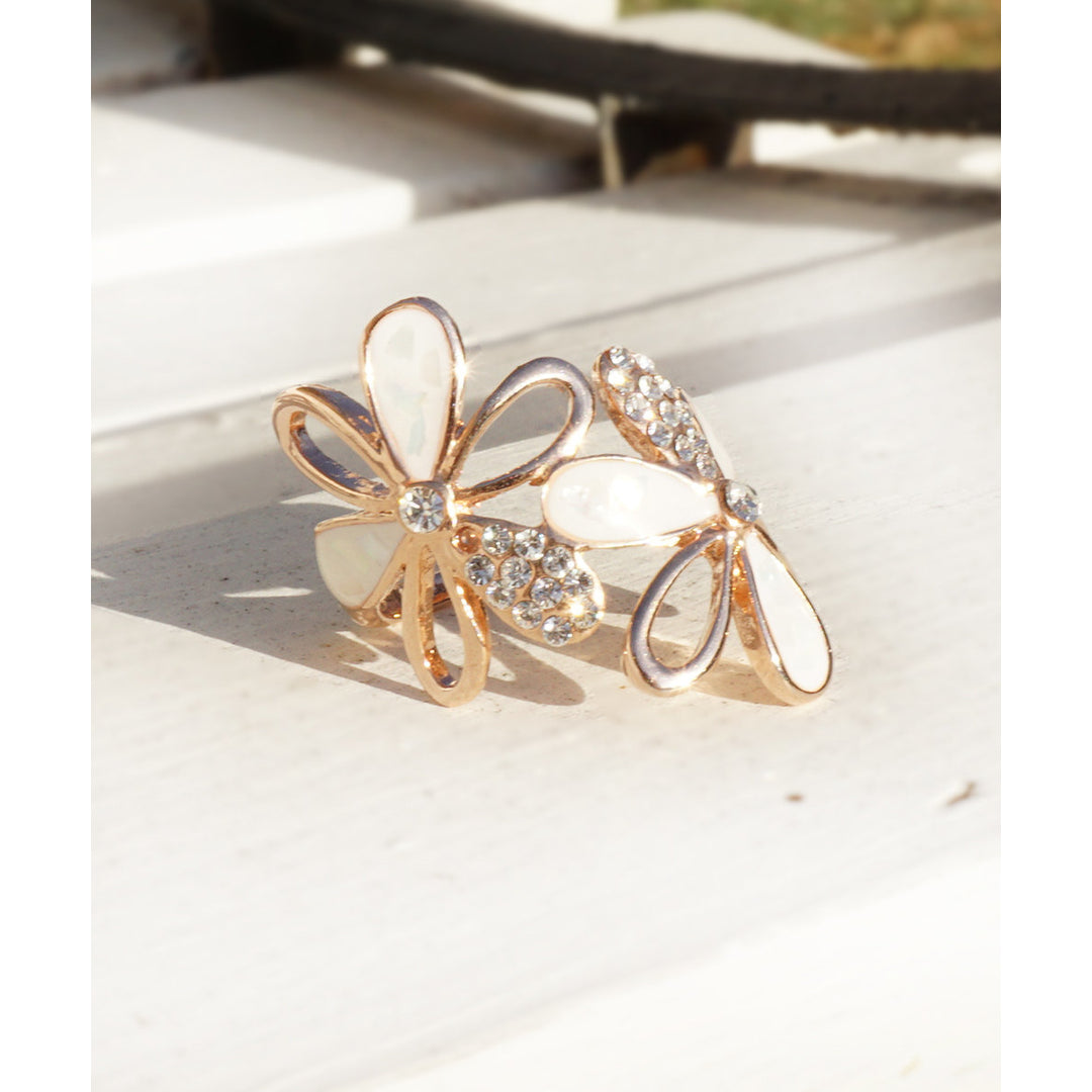 Elegant 18K Rose Gold Plated flower Ring with white moonstone and Crystals Image 1