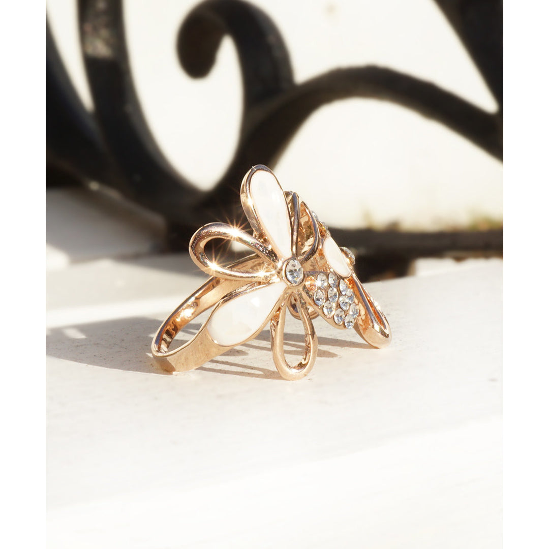 Elegant 18K Rose Gold Plated flower Ring with white moonstone and Crystals Image 2