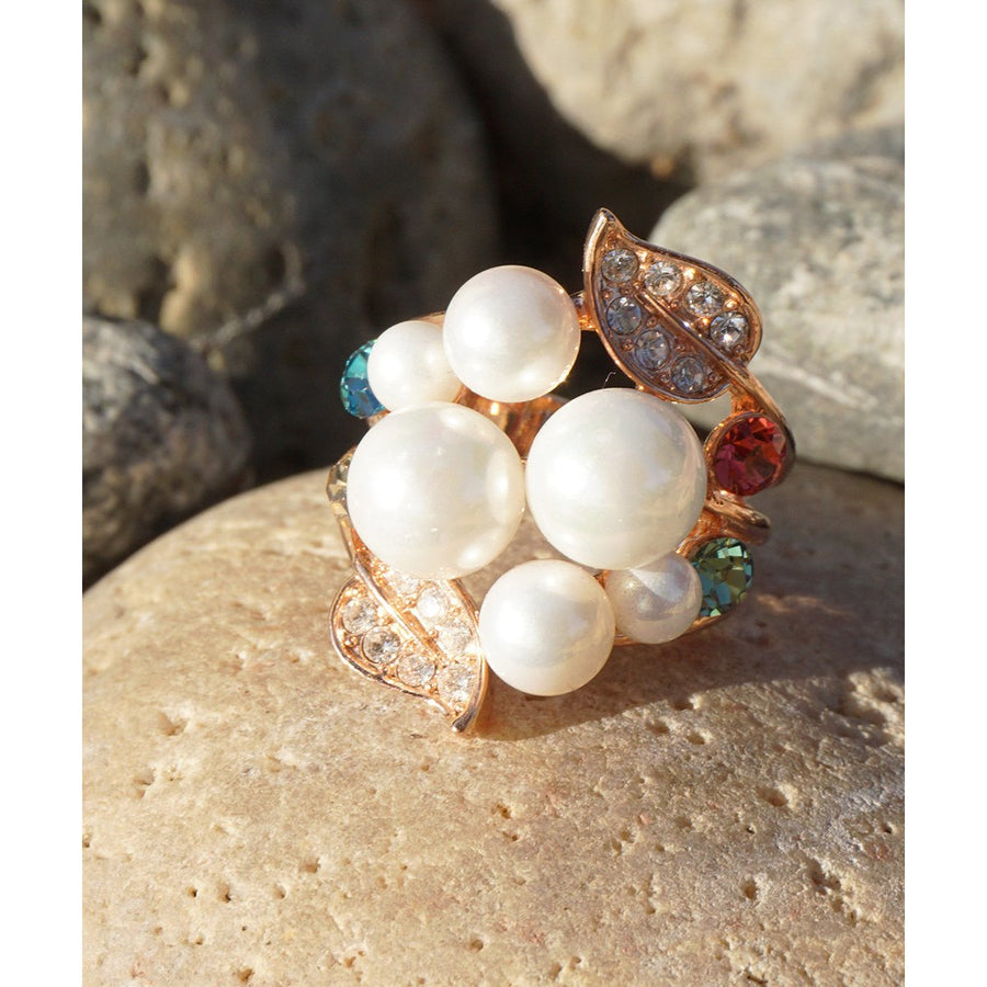 Gold Colored Multicolor Crystal Rhinestones Pearl Bouquet Jewelry Fashion Ring Image 1