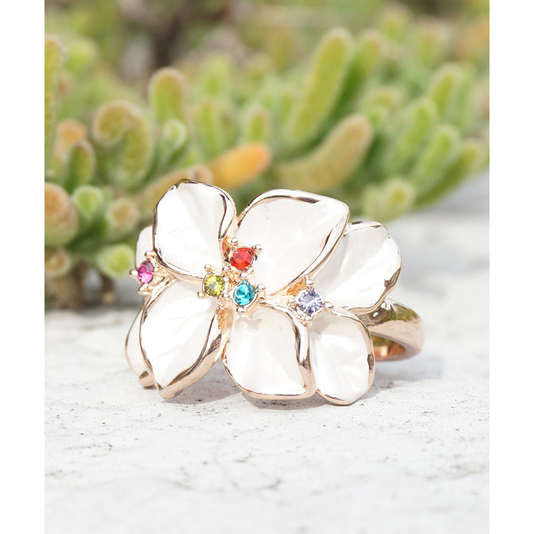 Floral  Leaves White Flower Enamel Colorful Crystals Rose Gold Filled Ring Image 1