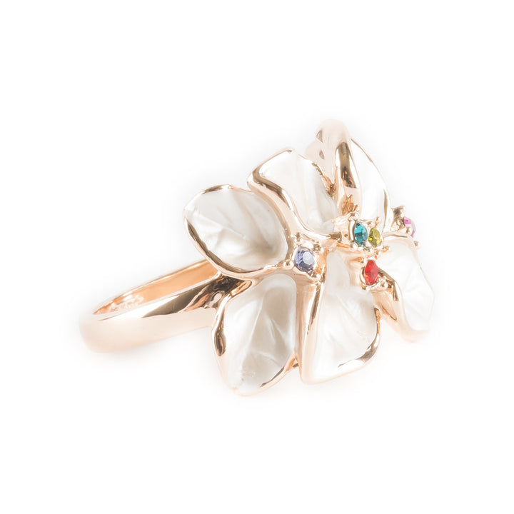 Floral  Leaves White Flower Enamel Colorful Crystals Rose Gold Filled Ring Image 2