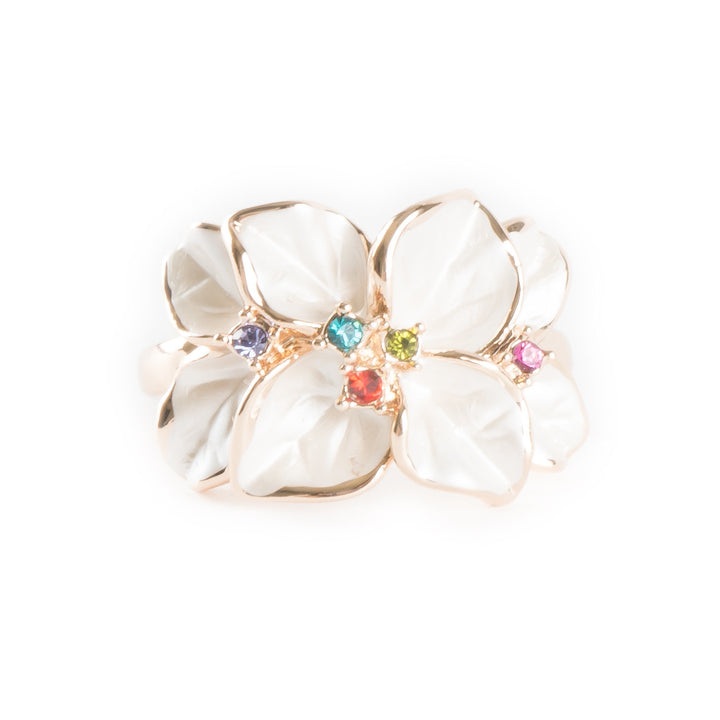 Floral  Leaves White Flower Enamel Colorful Crystals Rose Gold Filled Ring Image 3