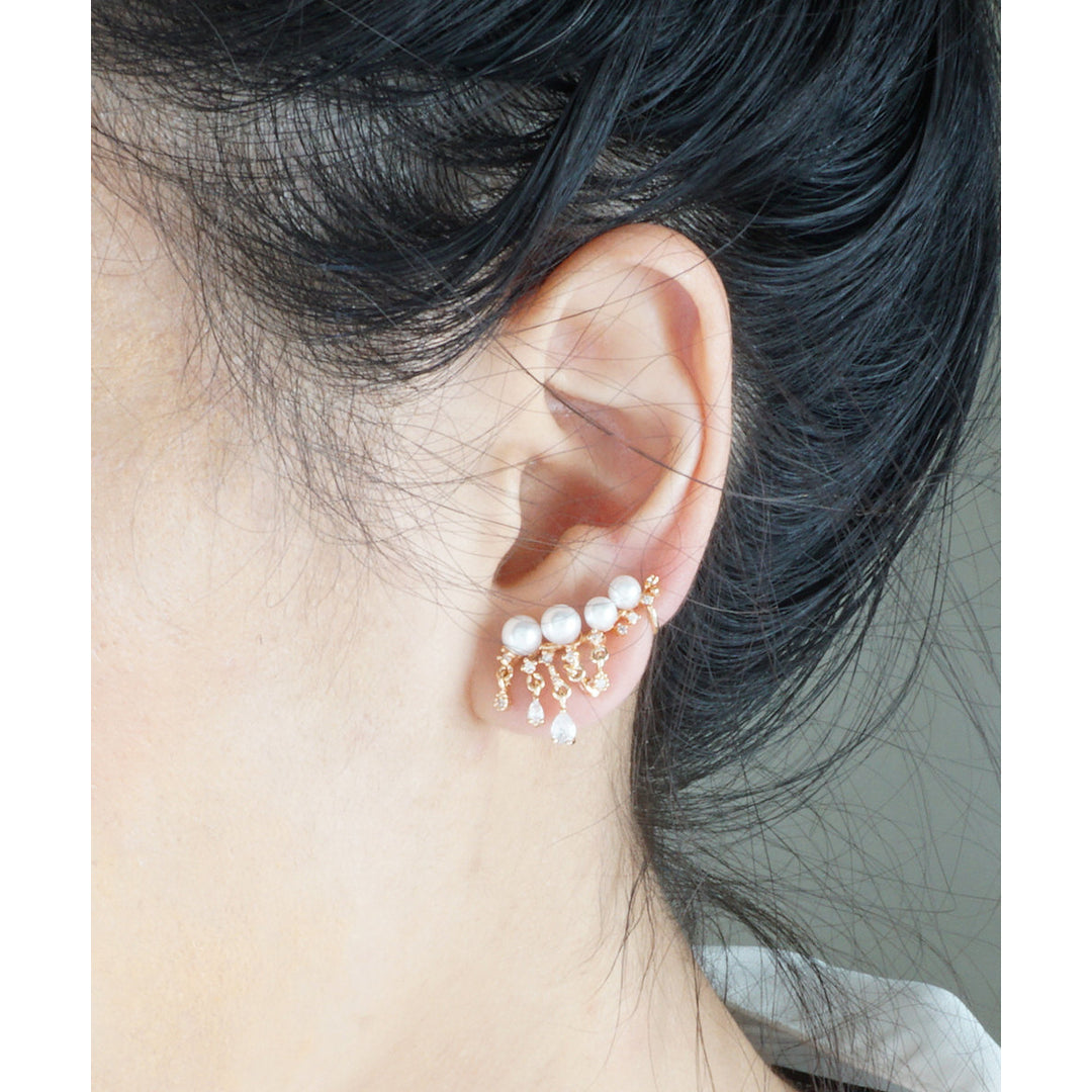 Pearl and Sparkles Gold or Silver Dangle Ear Cuff Earrings Image 1