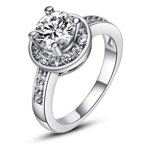 18k White Gold Plated Classic Halo Round Zircon Engagement Style Ring Image 1