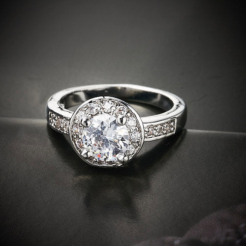 18k White Gold Plated Classic Halo Round Zircon Engagement Style Ring Image 2