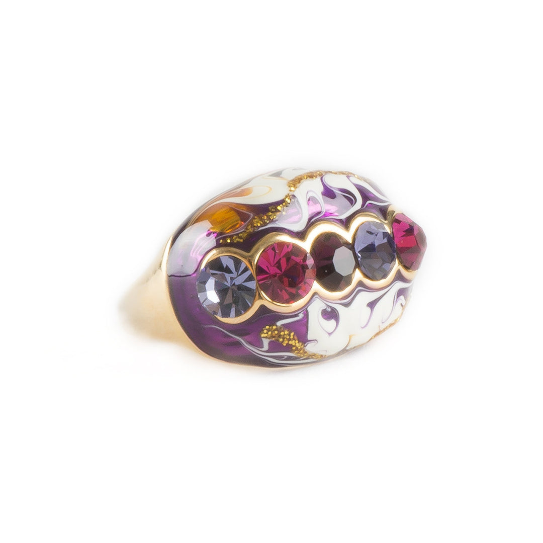 Purple Marble Handpainted Amethyst Inspired Crystals Gold Tone Fashion Ring Image 1