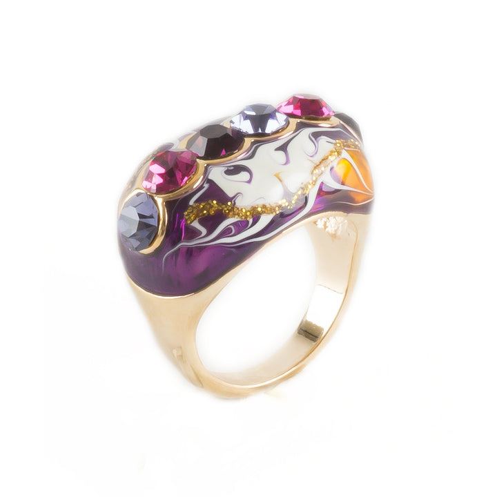 Purple Marble Handpainted Amethyst Inspired Crystals Gold Tone Fashion Ring Image 2