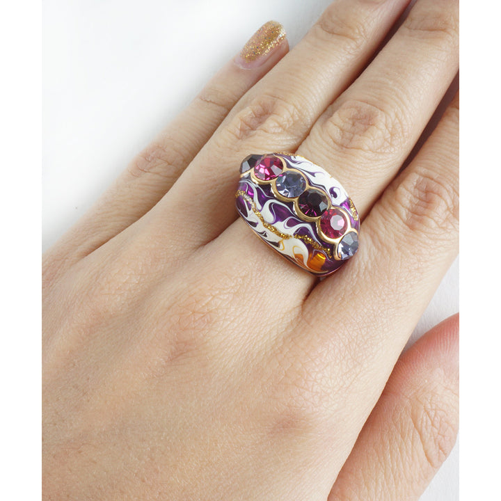 Purple Marble Handpainted Amethyst Inspired Crystals Gold Tone Fashion Ring Image 3