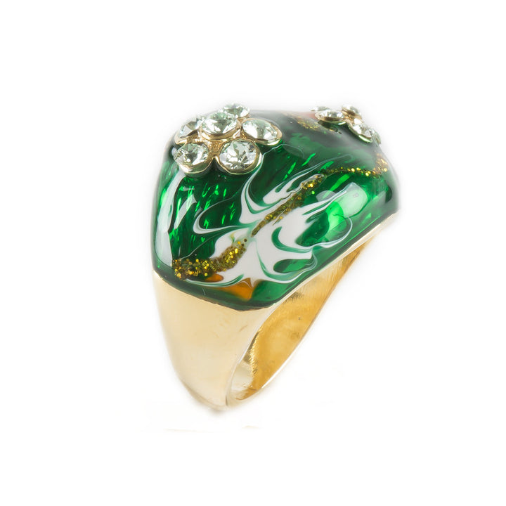 Handpainted Green Marble Glitter Crystal Flower Fashion Ring Image 1