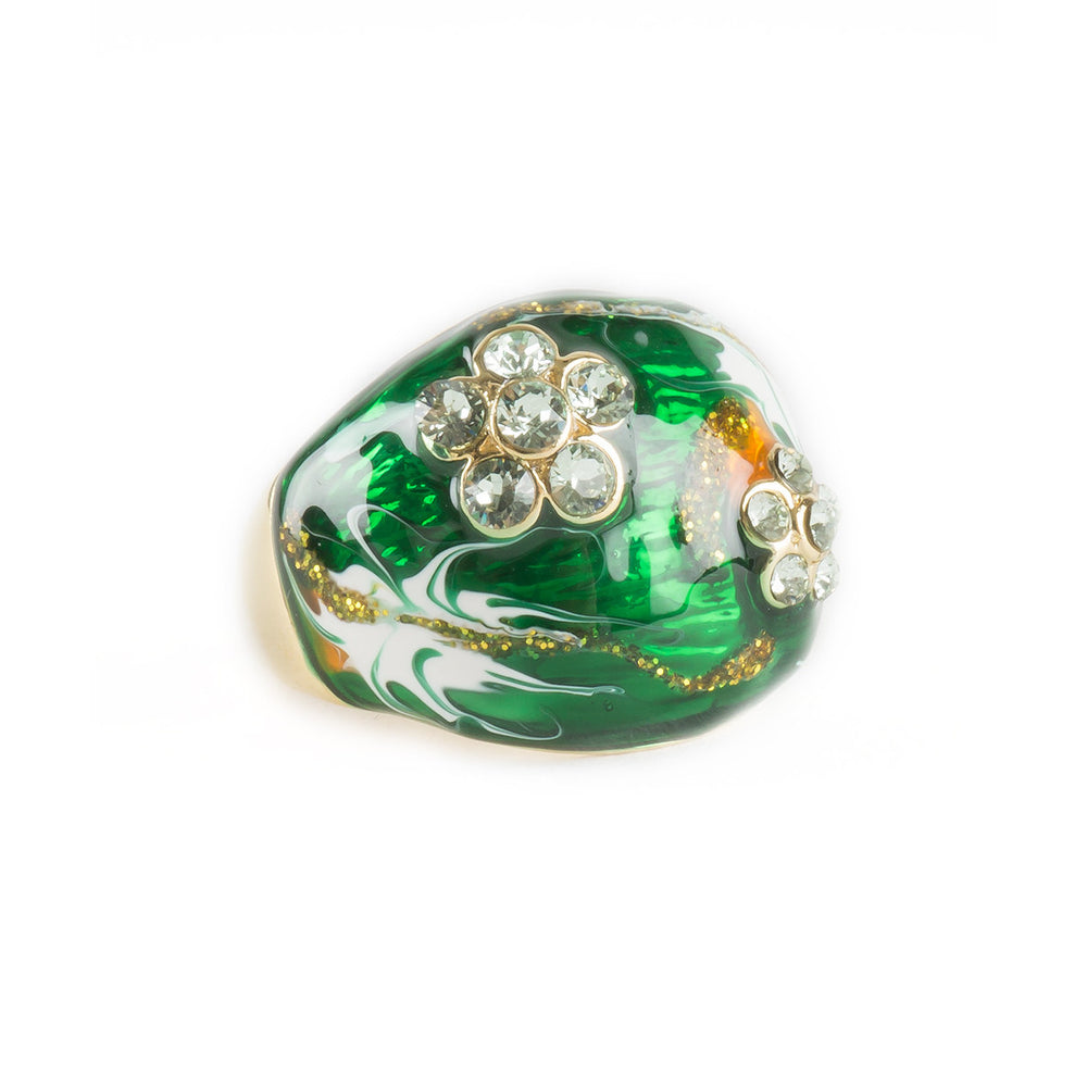 Handpainted Green Marble Glitter Crystal Flower Fashion Ring Image 2