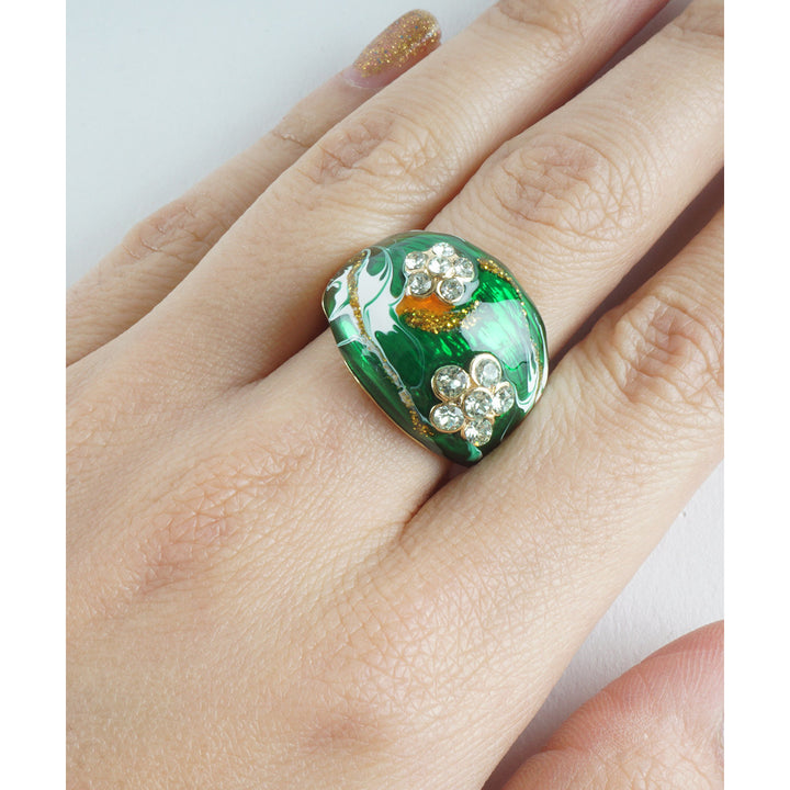 Handpainted Green Marble Glitter Crystal Flower Fashion Ring Image 3