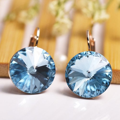 18k Rose Gold Plated Light Blue Crystal Drop Earring Studs Image 1