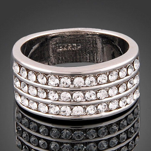18k White Gold Plated Crystal Encrusted 3 Row Pave Ring Image 1