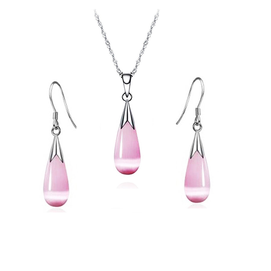 Water-Drop Moonstone Pendant Necklace and Dangle Earrings Set For Women Image 1