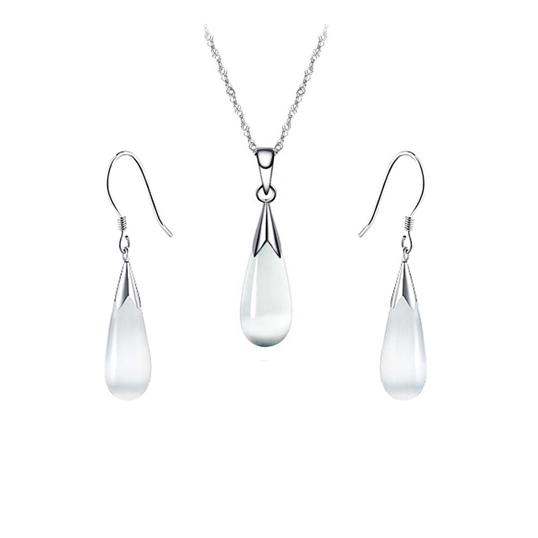 Water-Drop Moonstone Pendant Necklace and Dangle Earrings Set For Women Image 2