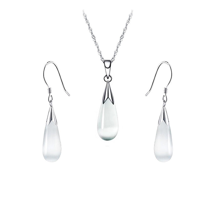 Water-Drop Moonstone Pendant Necklace and Dangle Earrings Set For Women Image 2