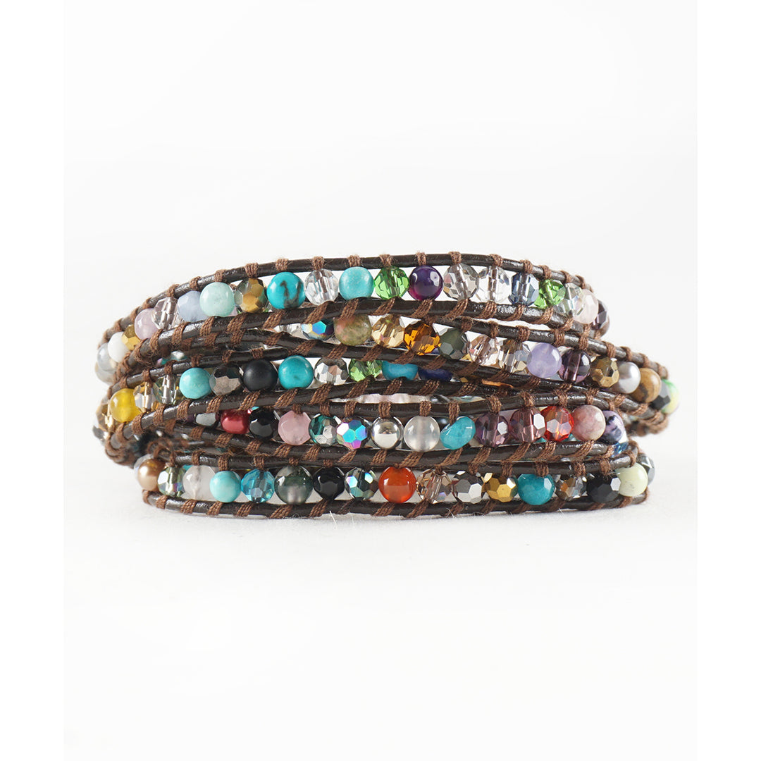 SPRING CLEARANCE SALE! The Cheerful in Colors - 34" Multicolor Beaded Brown Leather Wrap Bracelet Image 1