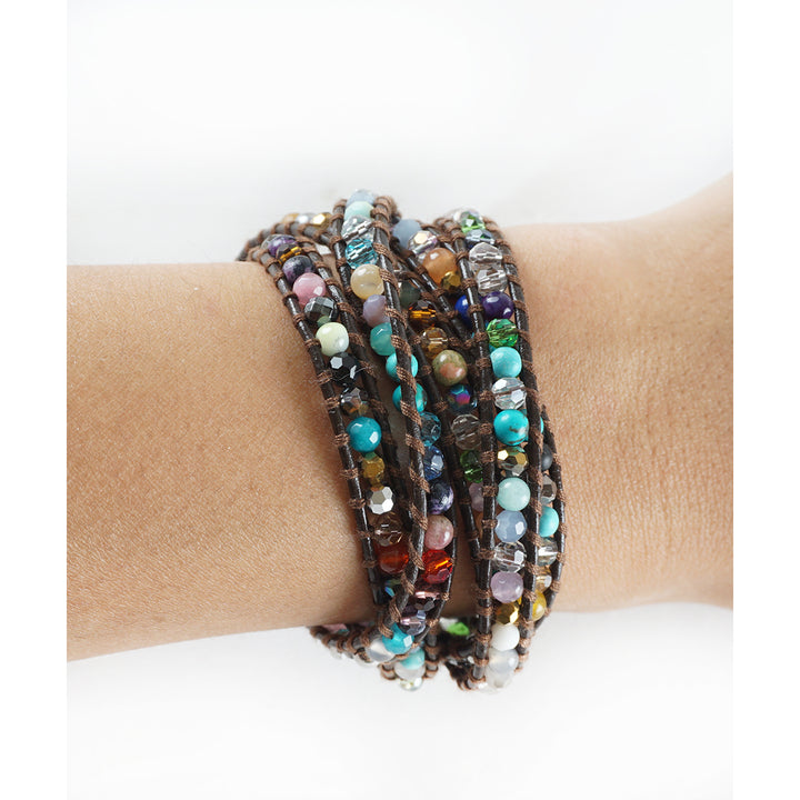SPRING CLEARANCE SALE! The Cheerful in Colors - 34" Multicolor Beaded Brown Leather Wrap Bracelet Image 2