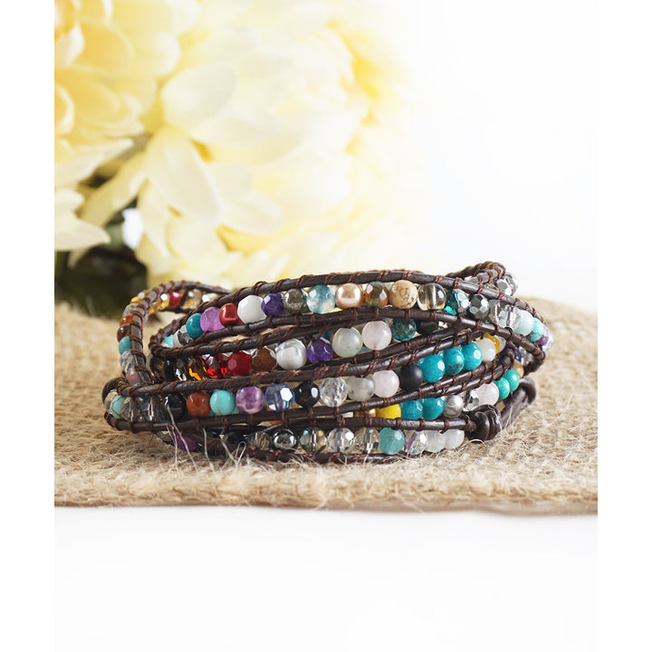 SPRING CLEARANCE SALE! The Cheerful in Colors - 34" Multicolor Beaded Brown Leather Wrap Bracelet Image 3