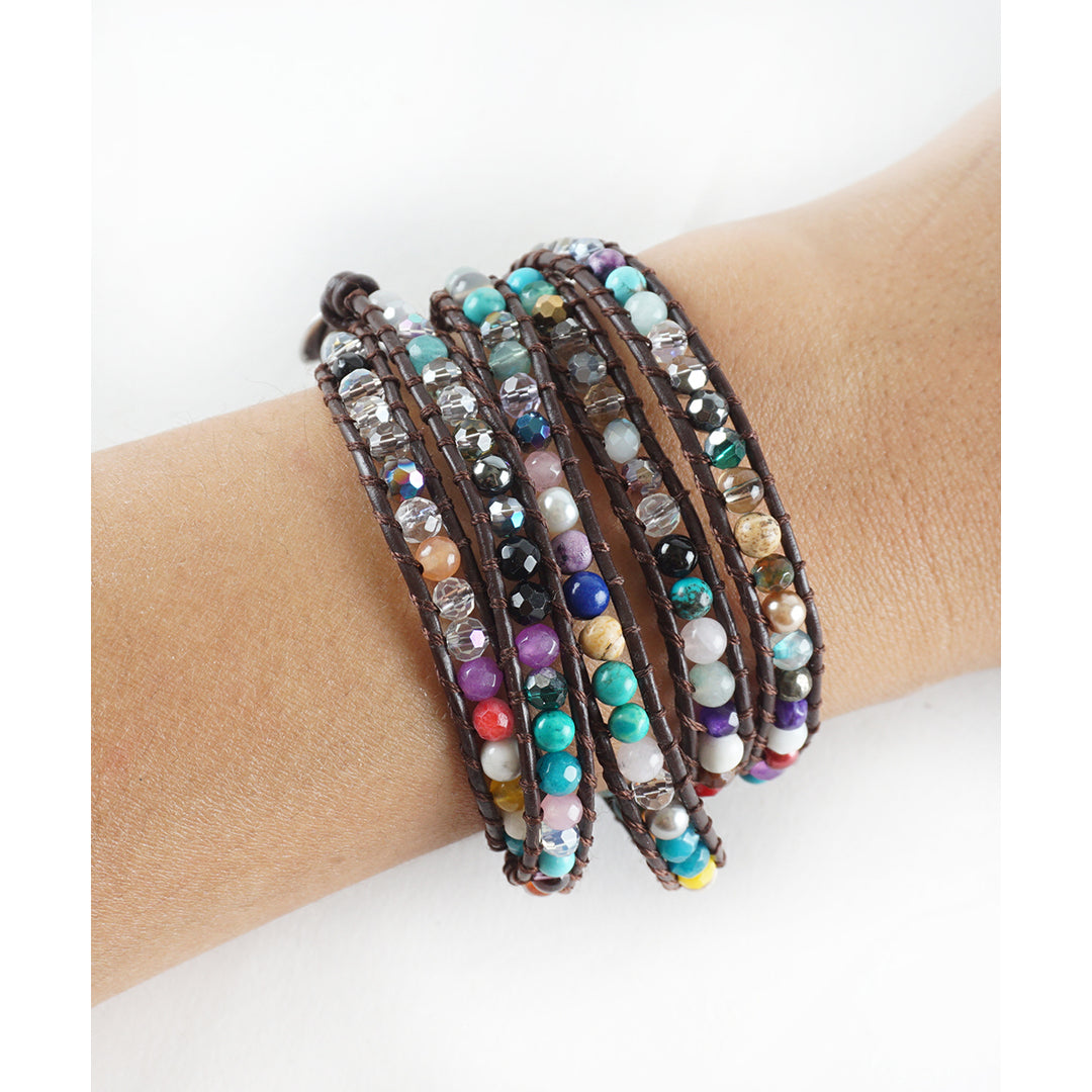 SPRING CLEARANCE SALE! The Cheerful in Colors - 34" Multicolor Beaded Brown Leather Wrap Bracelet Image 4