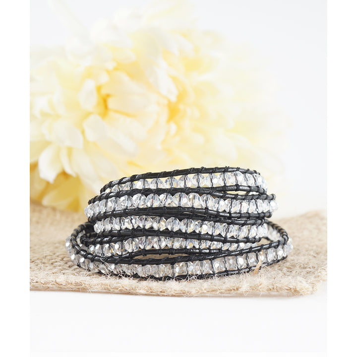 HOLIDAY CLEARANCE SALE! The Show Stopper - 34" Clear Beaded Brown or Black Leather Wrap Bracelet Image 1