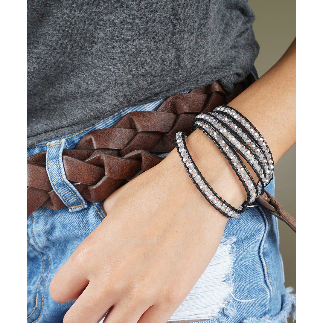 HOLIDAY CLEARANCE SALE! The Show Stopper - 34" Clear Beaded Brown or Black Leather Wrap Bracelet Image 3