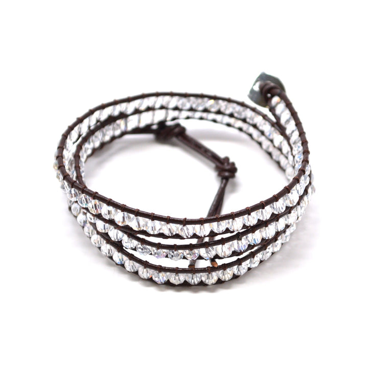 The Show Stopper - 23" Clear Beaded Brown Leather Wrap Bracelet Image 2