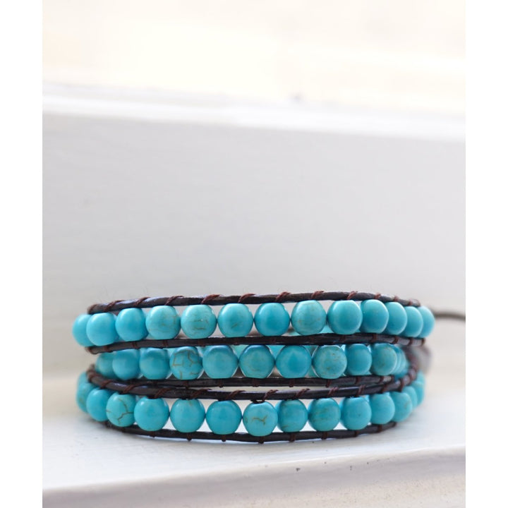 HOLIDAY CLEARANCE SALE! The Blue Horizon - 23" Turquoise Beaded Dark Brown Leather Wrap Bracelet Image 1