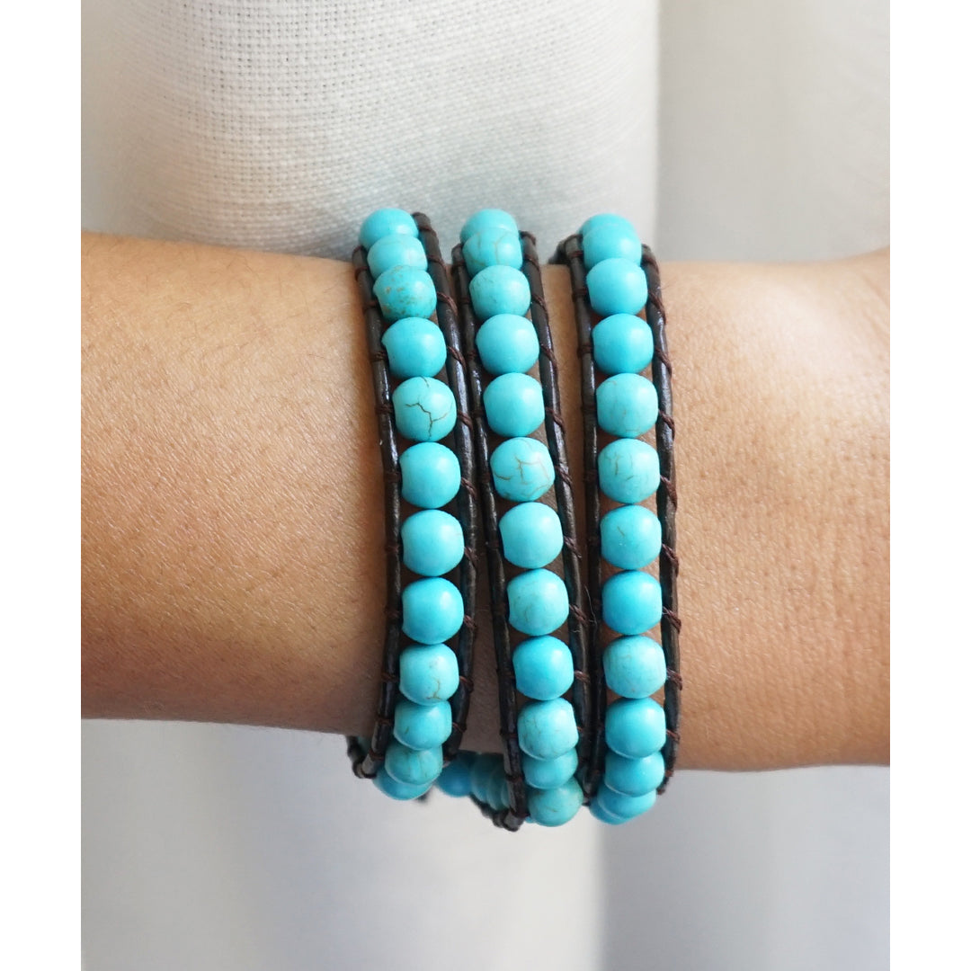HOLIDAY CLEARANCE SALE! The Blue Horizon - 23" Turquoise Beaded Dark Brown Leather Wrap Bracelet Image 2