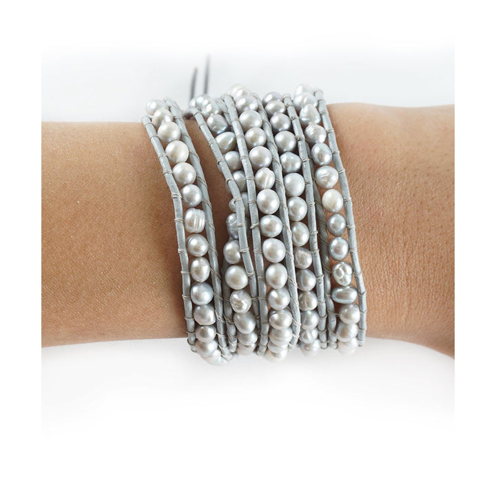 Real fresh water pearls! The 50 Shades of Grey - 34" Ombre Cream Gray Pearl Gray Leather Wrap Bracelet Image 2