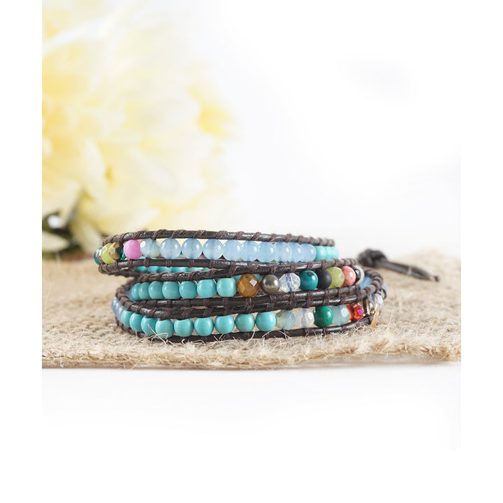 HOLIDAY CLEARANCE SALE! The Cali Surfer - 23" Turquoise Opal Blue and Multicolor Beaded Brown Leather Wrap Bracelet Image 1