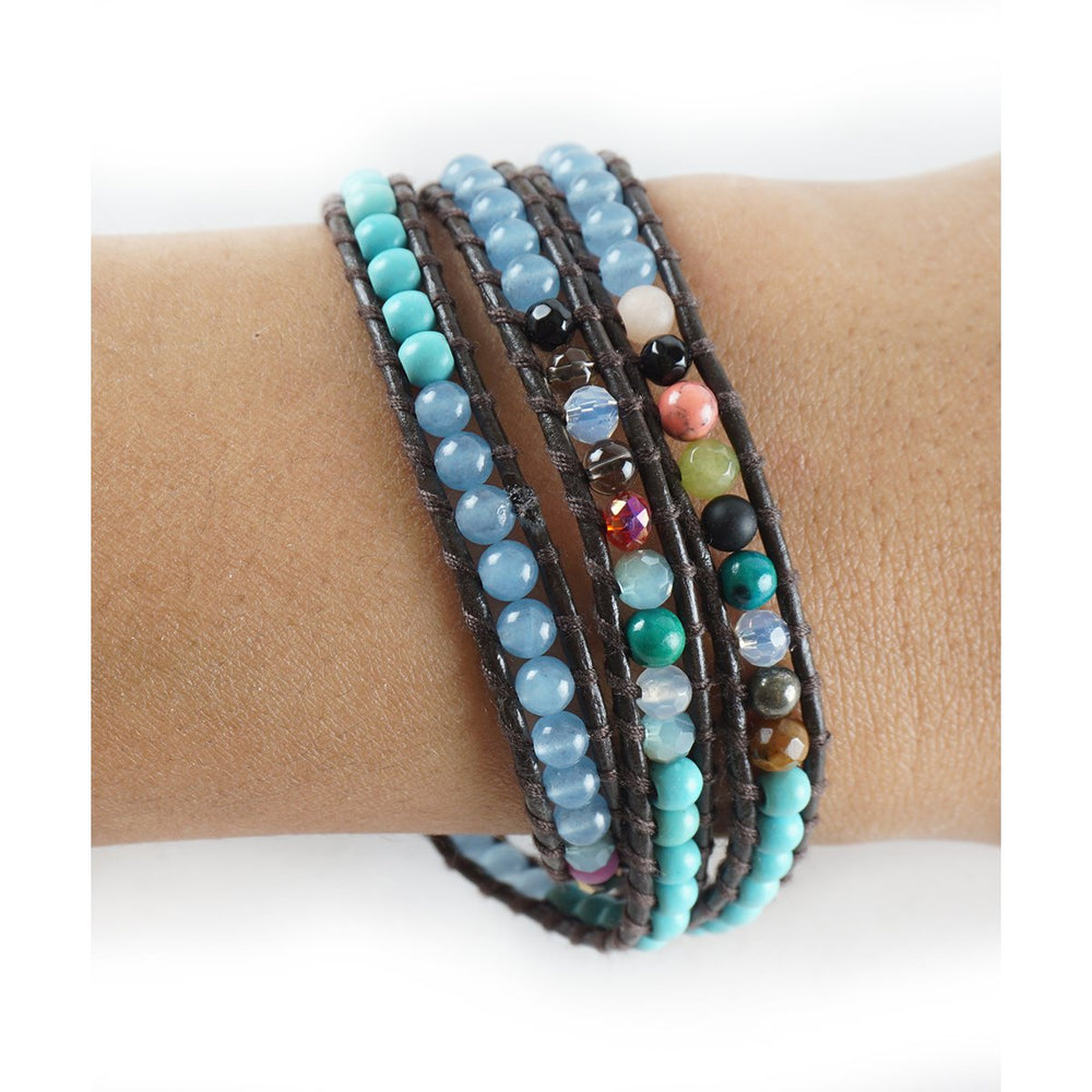 HOLIDAY CLEARANCE SALE! The Cali Surfer - 23" Turquoise Opal Blue and Multicolor Beaded Brown Leather Wrap Bracelet Image 2