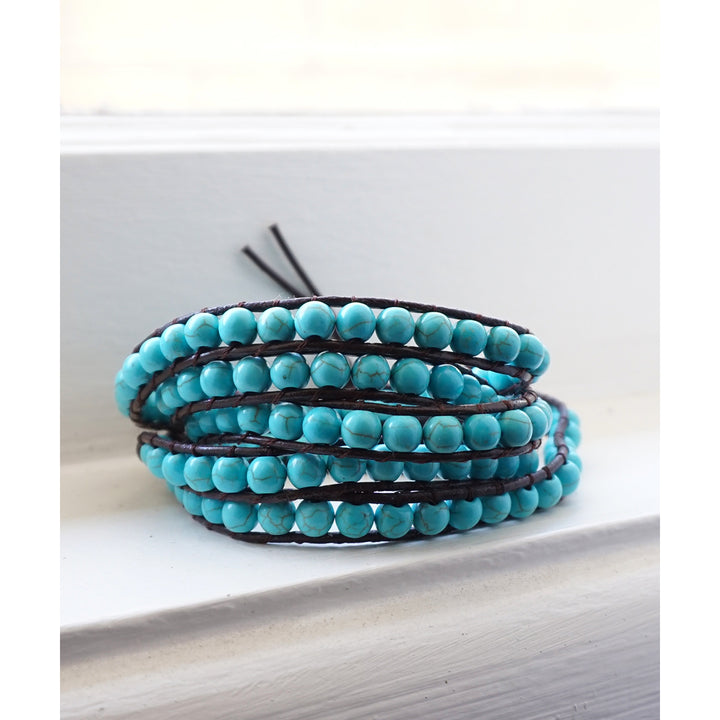 HOLIDAY CLEARANCE SALE! The Blue Horizon - 34" Turquoise Beaded Dark Brown Leather Wrap Bracelet Image 1