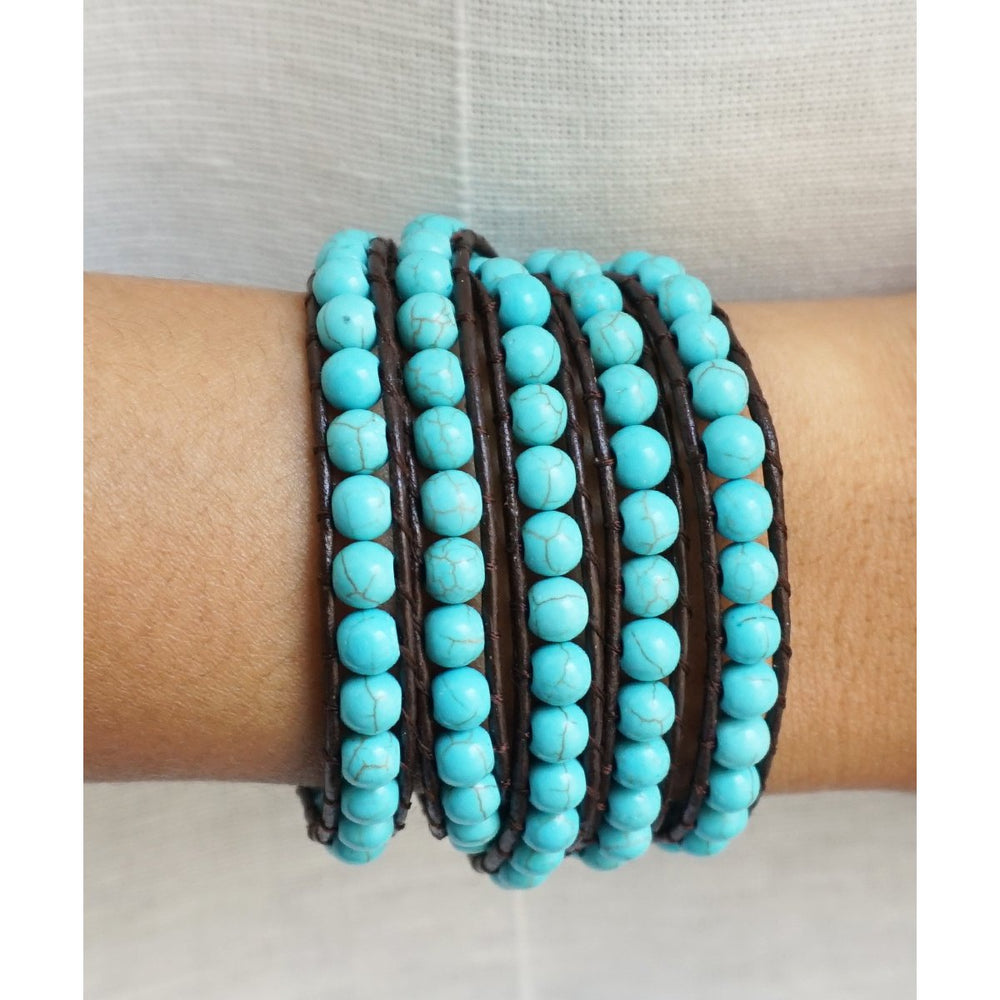 HOLIDAY CLEARANCE SALE! The Blue Horizon - 34" Turquoise Beaded Dark Brown Leather Wrap Bracelet Image 2